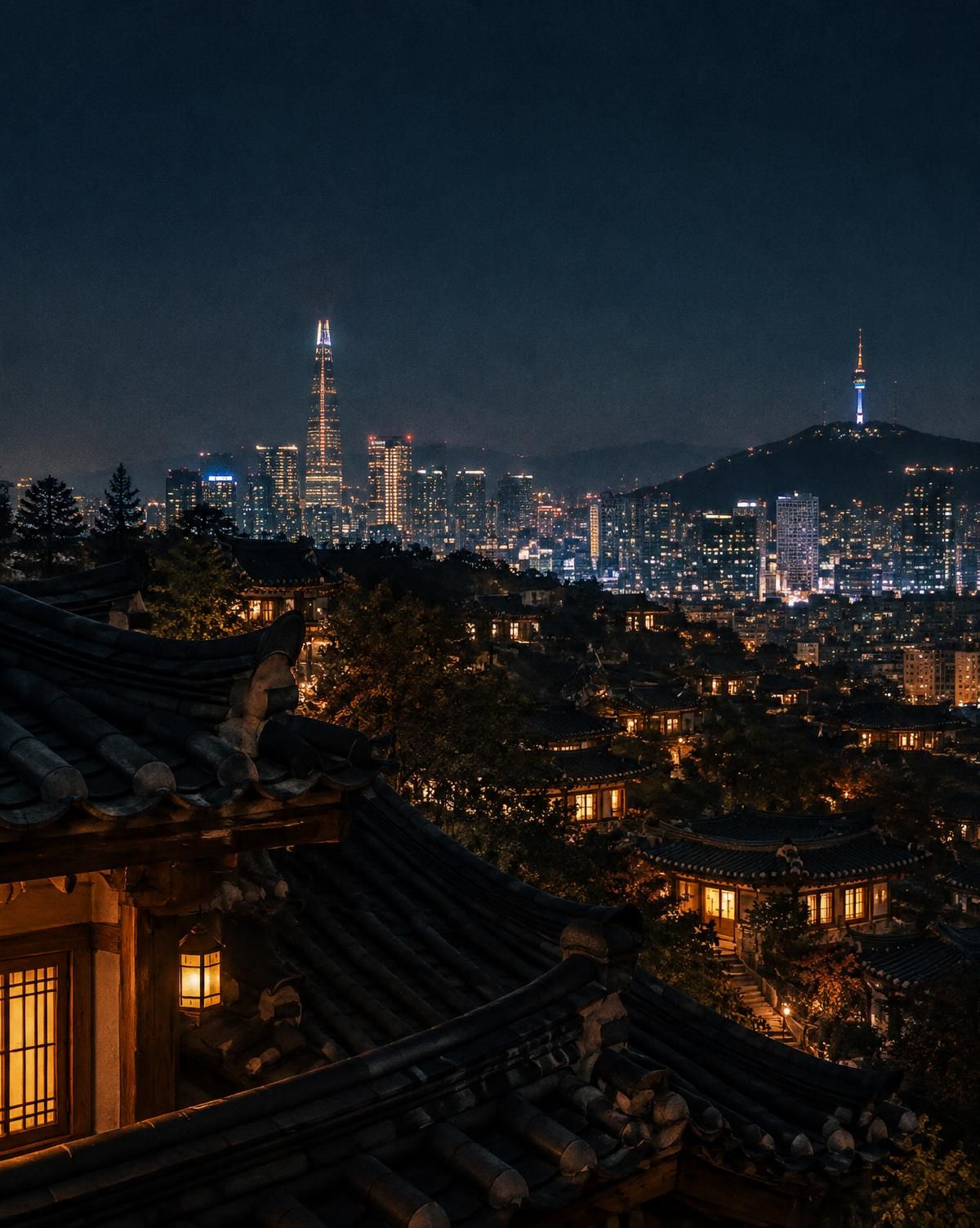 前景为传统屋檐,背后是灯火通明的首尔天际线与塔